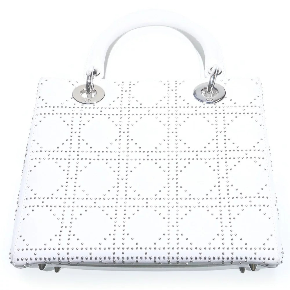 Dior Studs  Lady White Cannage Christian Leather Handbag